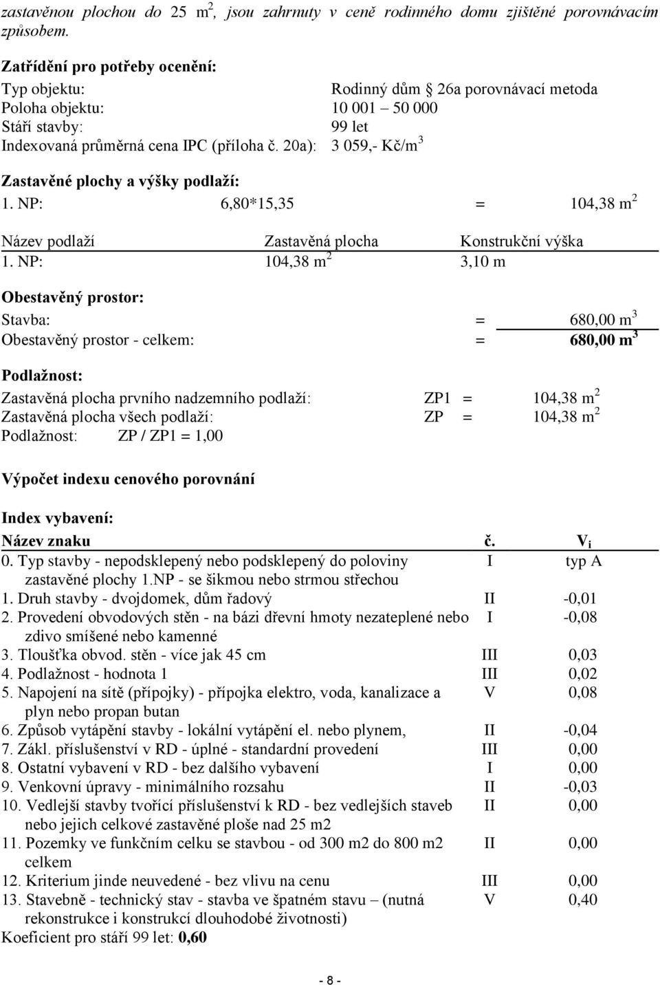 20a): 3 059,- Kč/m 3 Zastavěné plochy a výšky podlaží: 1. NP: 6,80*15,35 = 104,38 m 2 Název podlaží Zastavěná plocha Konstrukční výška 1.
