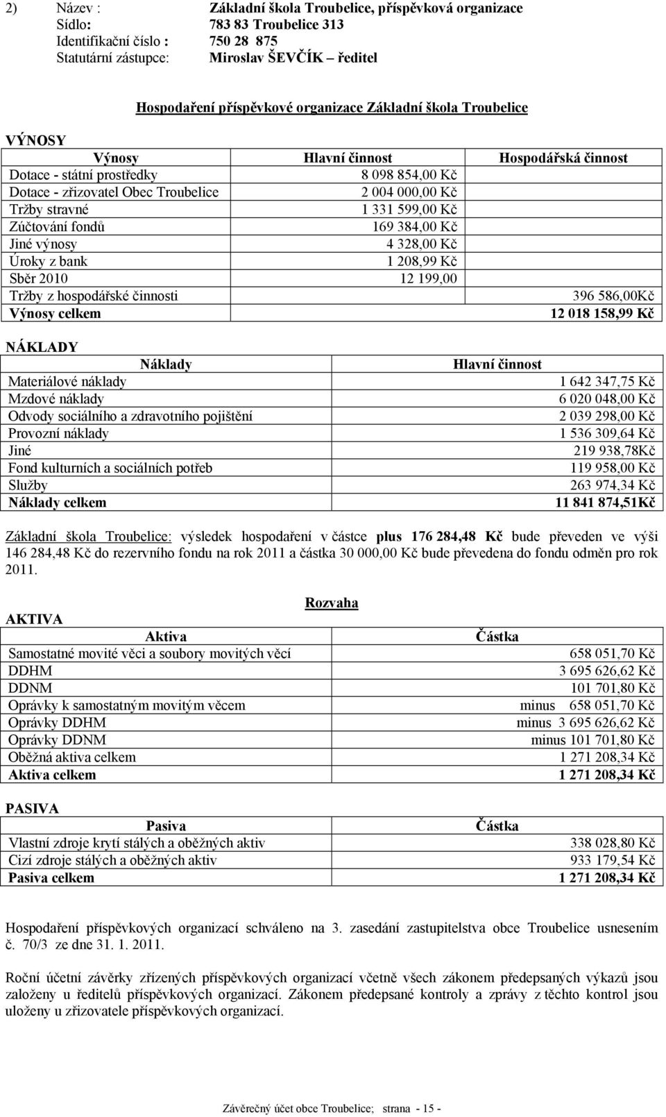 331 599,00 Kč Zúčtování fondů 169 384,00 Kč Jiné výnosy 4 328,00 Kč Úroky z bank 1 208,99 Kč Sběr 2010 12 199,00 Tržby z hospodářské činnosti 396 586,00Kč Výnosy celkem 12 018 158,99 Kč NÁKLADY