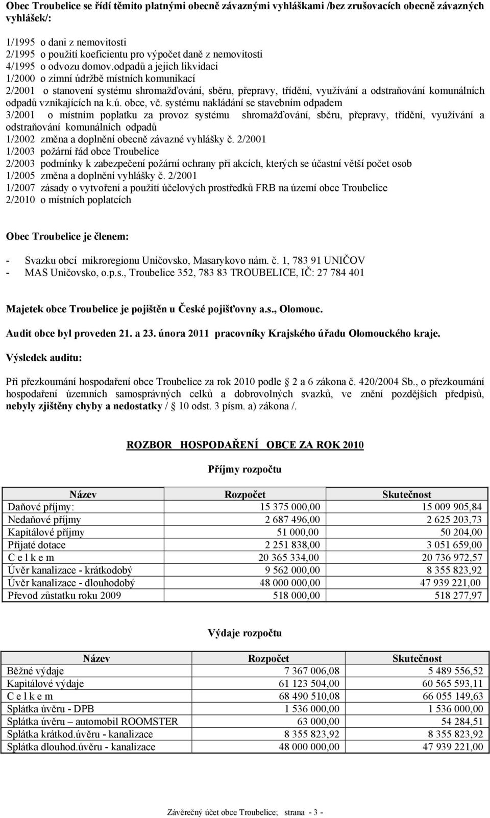 odpadů a jejich likvidaci 1/2000 o zimní údržbě místních komunikací 2/2001 o stanovení systému shromažďování, sběru, přepravy, třídění, využívání a odstraňování komunálních odpadů vznikajících na k.ú. obce, vč.