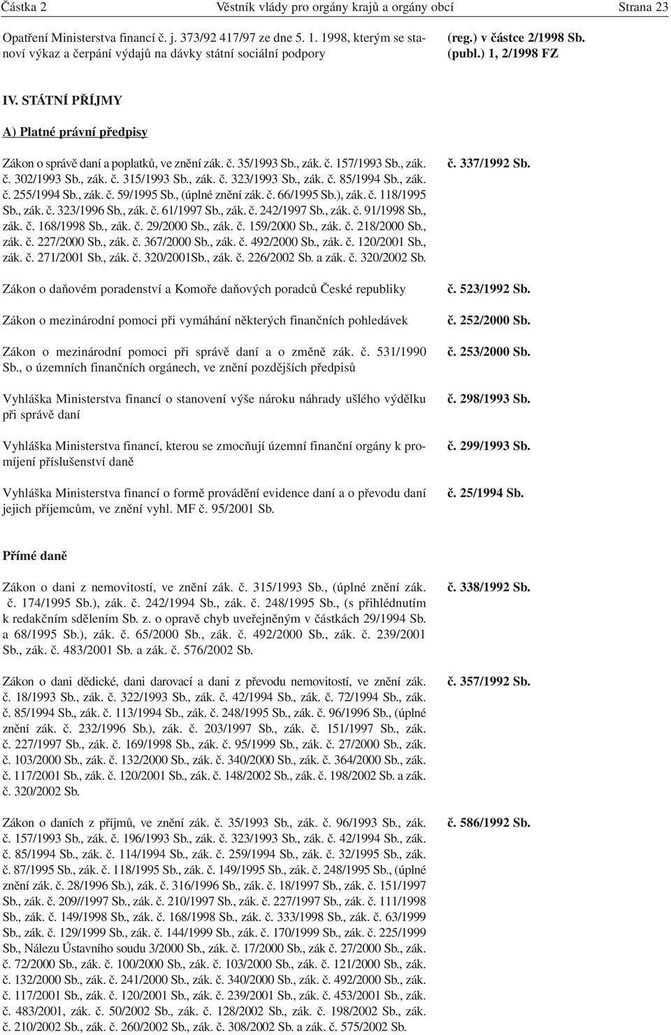 STÁTNÍ PŘÍJMY A) Platné právní předpisy Zákon o správě daní a poplatků, ve znění zák. č. 35/1993 Sb., zák. č. 157/1993 Sb., zák. č. 302/1993 Sb., zák. č. 315/1993 Sb., zák. č. 323/1993 Sb., zák. č. 85/1994 Sb.