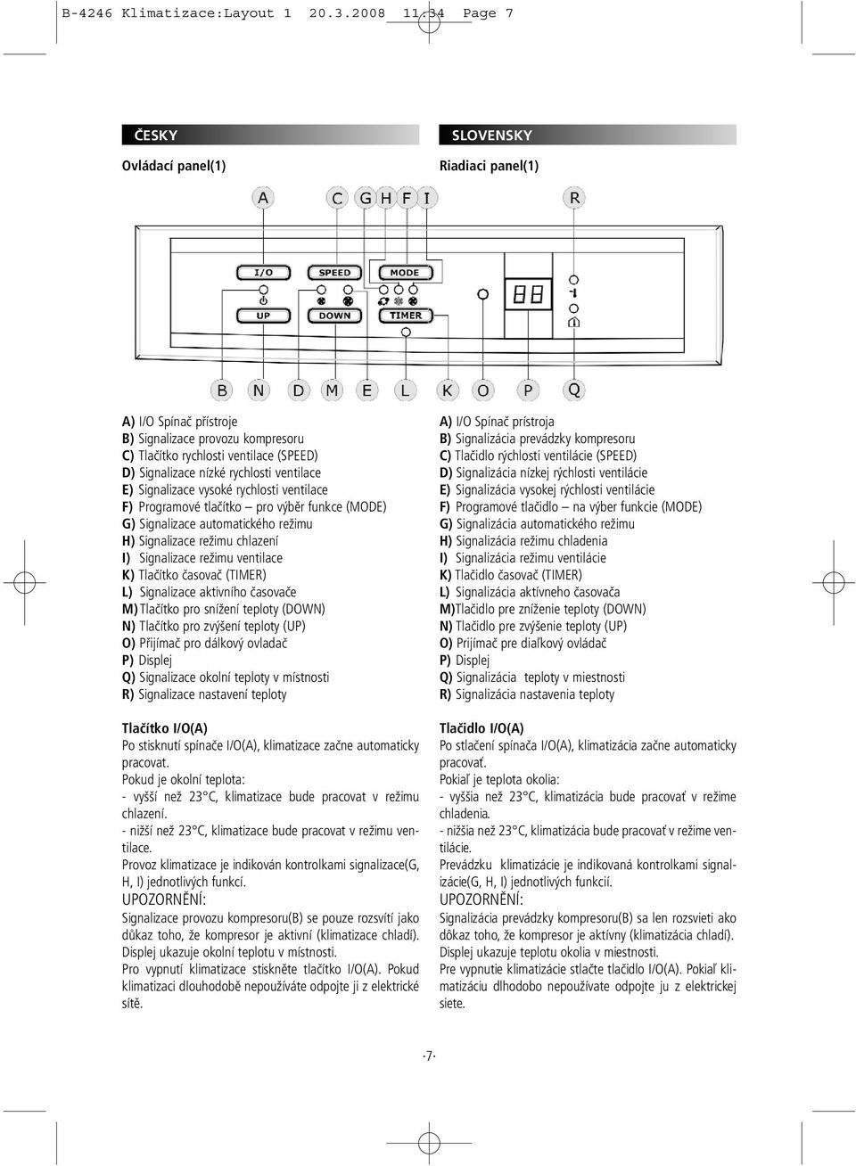 Signalizace vysoké rychlosti ventilace F) Programové tlačítko pro výběr funkce (MODE) G) Signalizace automatického režimu H) Signalizace režimu chlazení I) Signalizace režimu ventilace K) Tlačítko