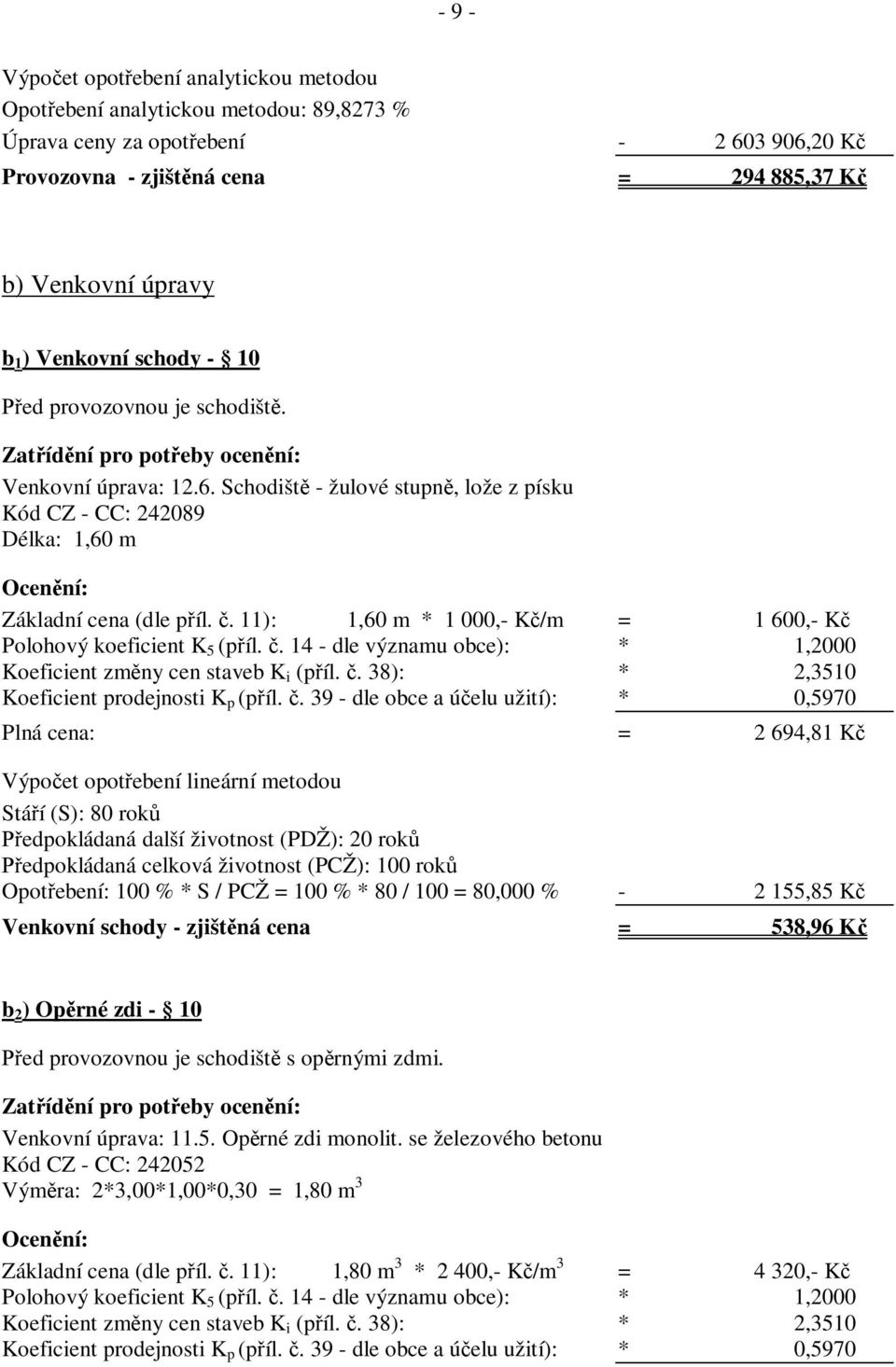 Schodišt - žulové stupn, lože z písku Kód CZ - CC: 242089 Délka: 1,60 m Ocen ní: Základní cena (dle p íl.. 11): 1,60 m * 1 000,- K /m = 1 600,- K Polohový koeficient K 5 (p íl.