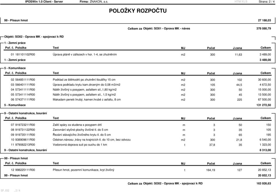 1-4, se zhutněním m2 300 11,63 3 489,00 1 - Zemní práce 3 489,00 02 564851111R00 Podklad ze štěrkodrti po zhutnění tloušťky 15 cm m2 300 102 30 600,00 03 566401111R00 Úprava podkladu krytu kam.