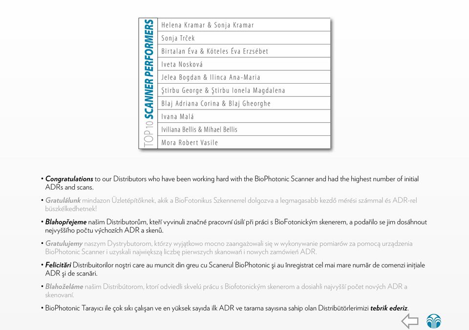 highest number of initial ADRs and scans. Gratulálunk mindazon Üzletépítőknek, akik a BioFotonikus Szkennerrel dolgozva a legmagasabb kezdő mérési számmal és ADR-rel büszkélkedhetnek!