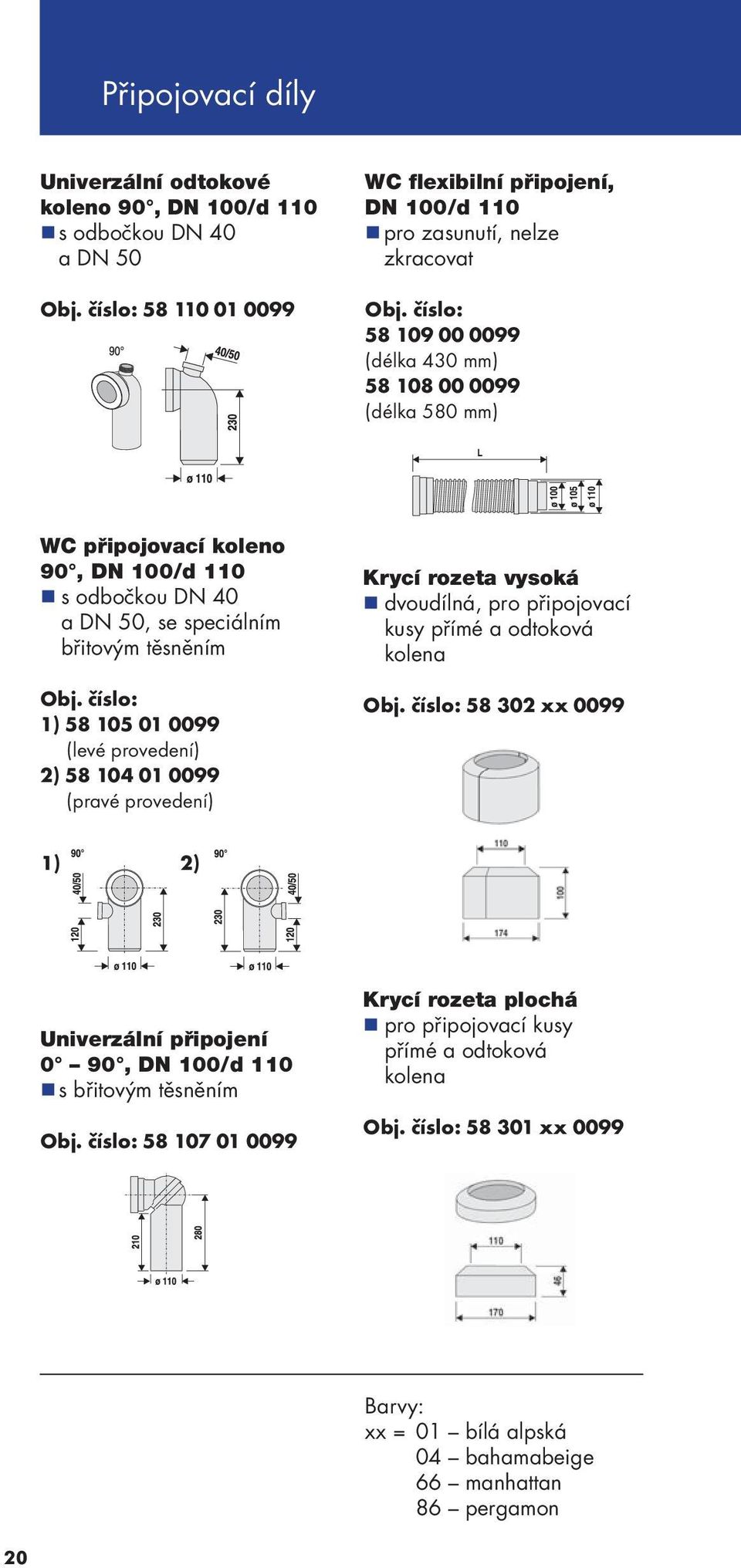 číslo: 1) 58 105 01 0099 (levé provedení) 2) 58 104 01 0099 (pravé provedení) Krycí rozeta vysoká dvoudílná, pro připojovací kusy přímé a odtoková kolena Obj.