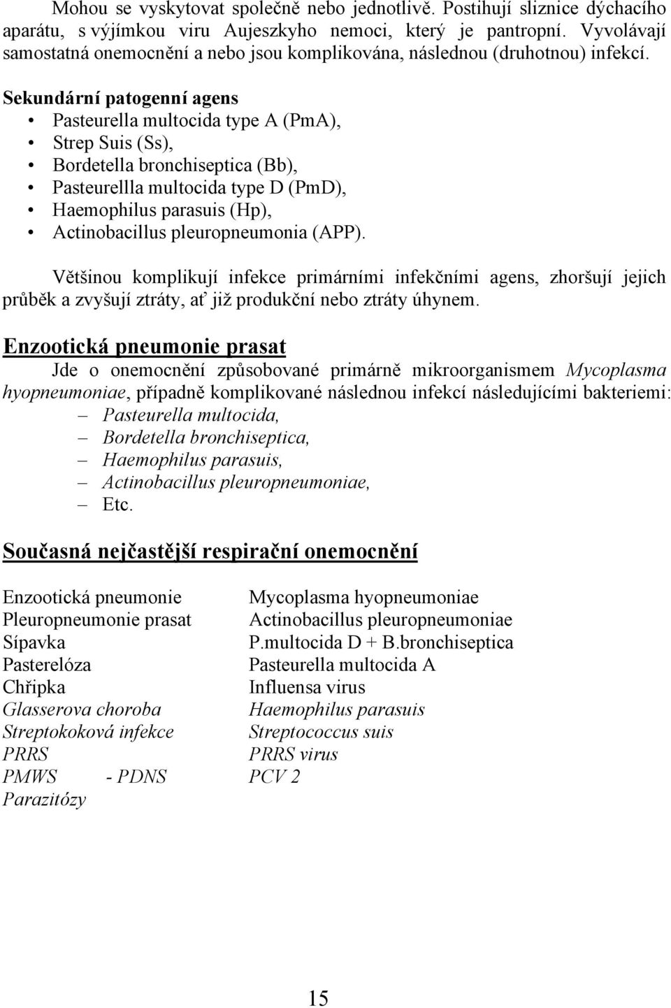 Sekundární patogenní agens Pasteurella multocida type A (PmA), Strep Suis (Ss), Bordetella bronchiseptica (Bb), Pasteurellla multocida type D (PmD), Haemophilus parasuis (Hp), Actinobacillus