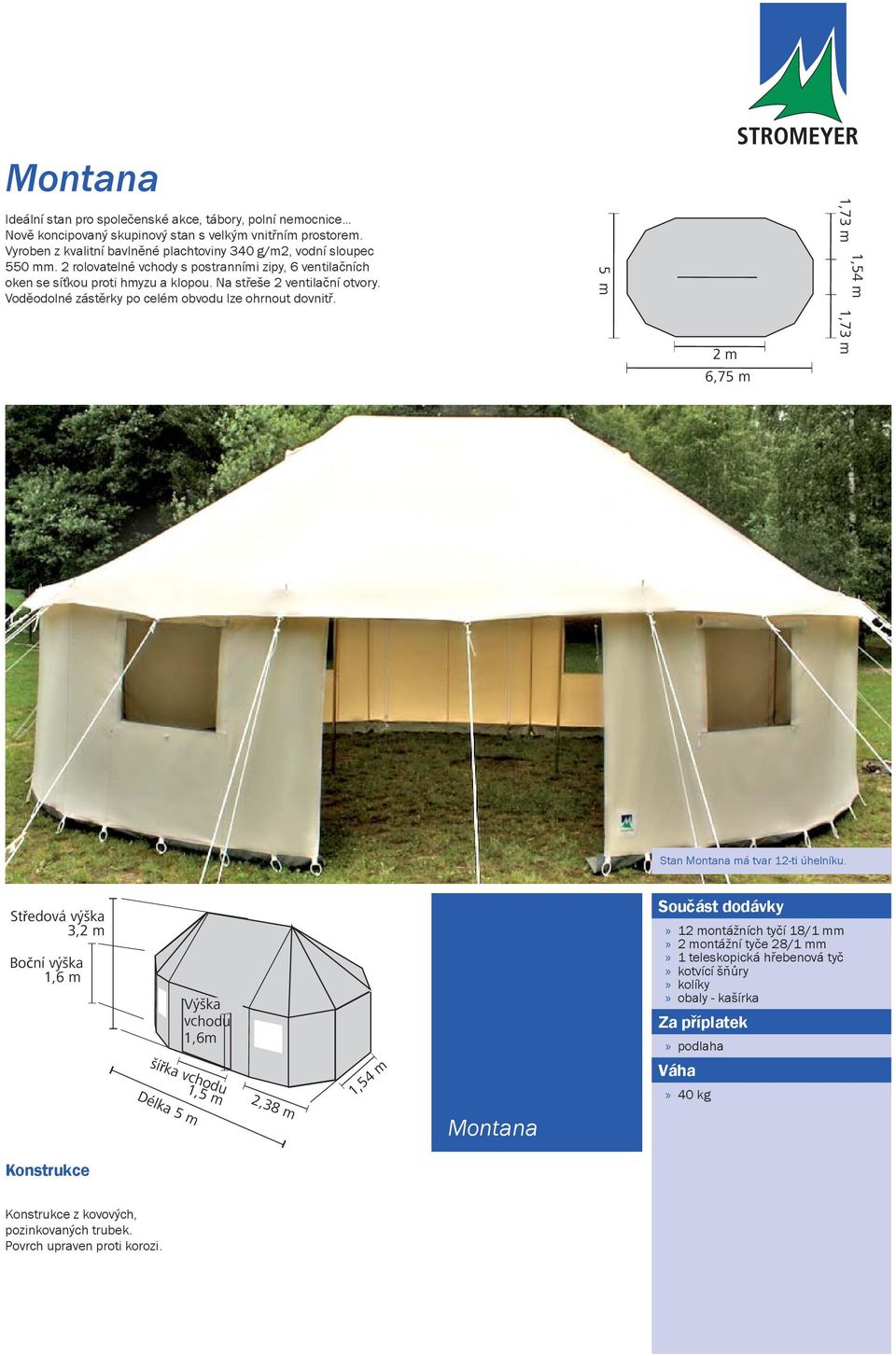 Na střeše 2 ventilační otvory. Voděodolné zástěrky po celém obvodu lze ohrnout dovnitř. 5 m 2 m 6,75 m 1,73 m 1,54 m 1,73 m Stan Montana má tvar 12-ti úhelníku.