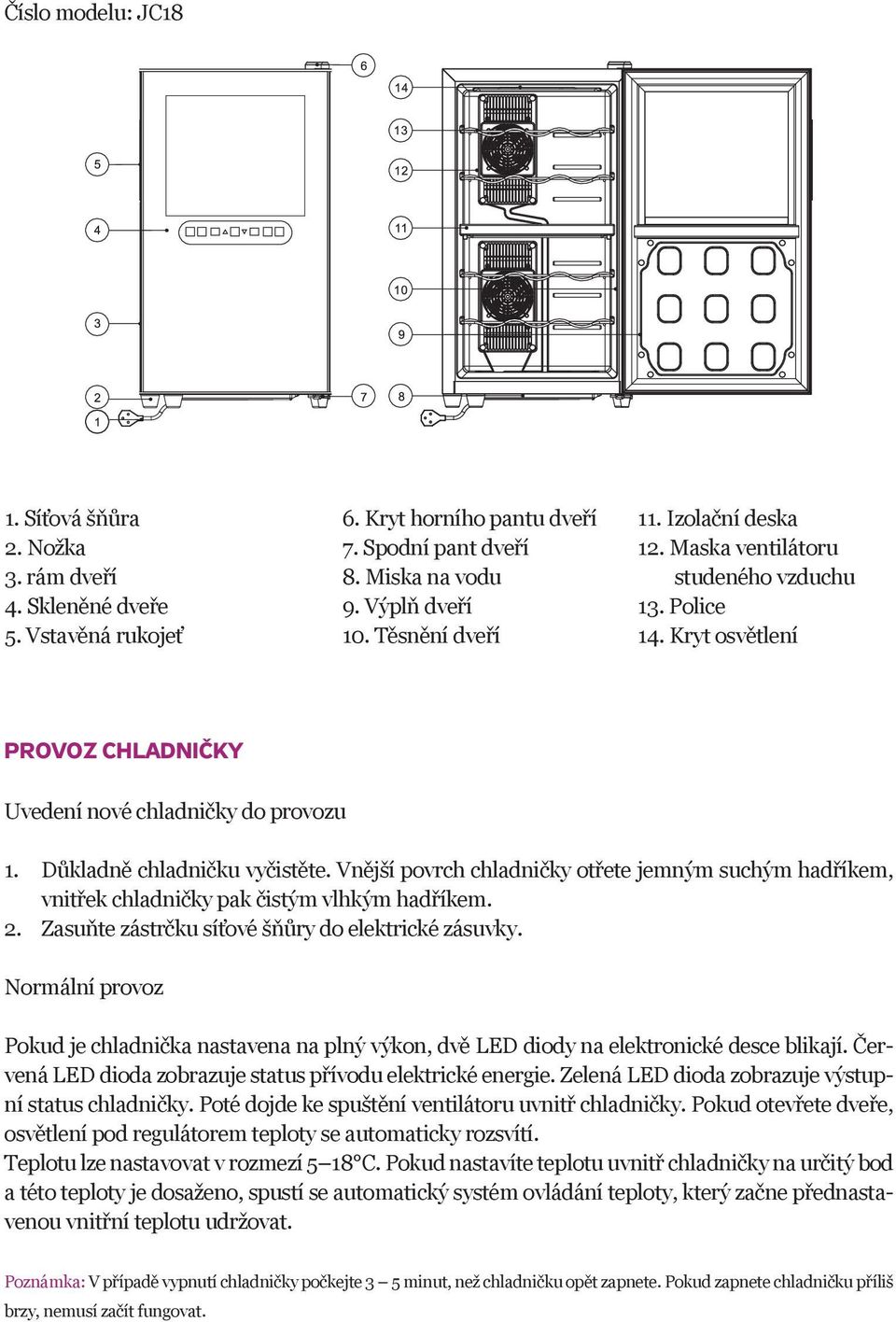 Vnější povrch chladničky otřete jemným suchým hadříkem, vnitřek chladničky pak čistým vlhkým hadříkem. 2. Zasuňte zástrčku síťové šňůry do elektrické zásuvky.