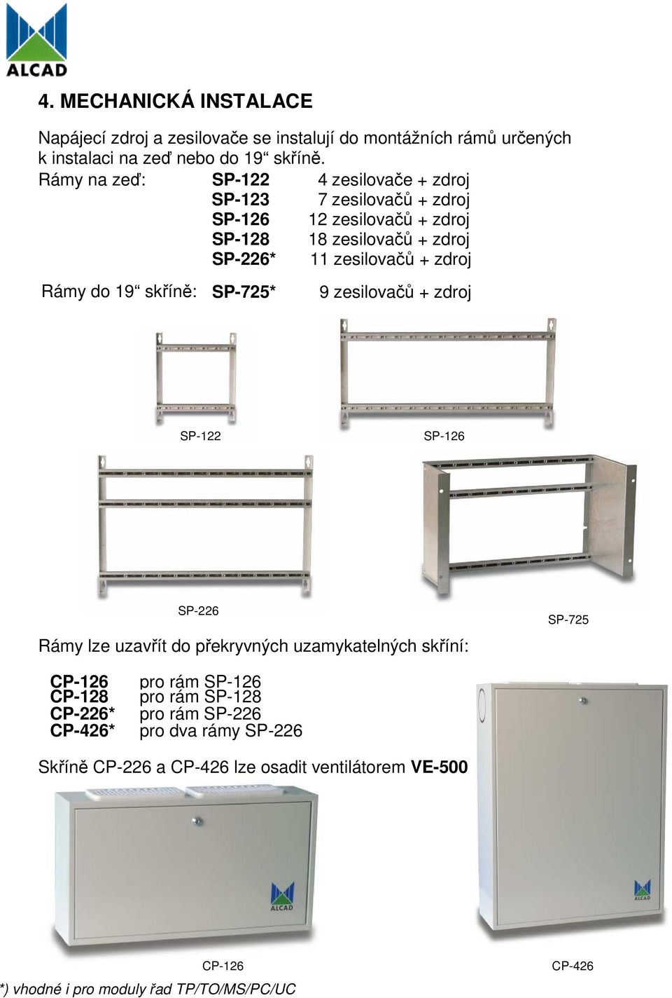 zdroj Rámy do 19 skříně: SP-725* 9 zesilovačů + zdroj SP-122 SP-126 SP-226 Rámy lze uzavřít do překryvných uzamykatelných skříní: SP-725 CP-126 CP-128