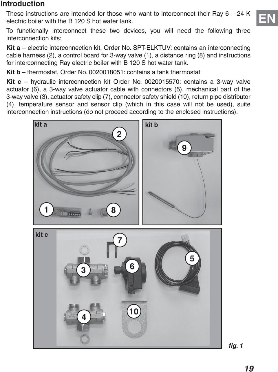 SPT-ELKTUV: contains an interconnecting cable harness (2), a control board for 3-way valve (1), a distance ring (8) and instructions for interconnecting Ray electric boiler with B 120 S hot water