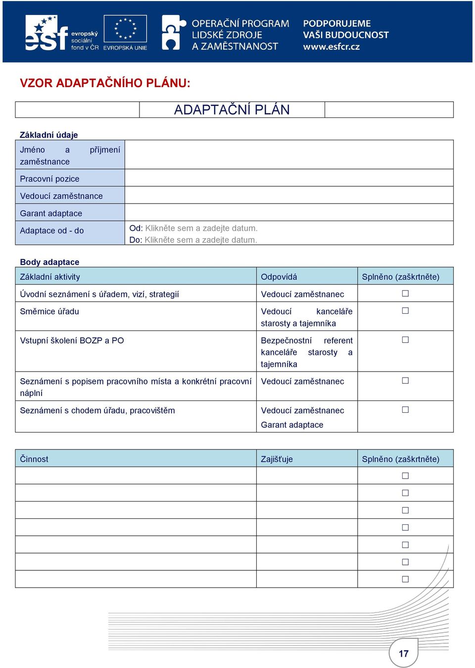 Body adaptace Základní aktivity Odpovídá Splněno (zaškrtněte) Úvodní seznámení s úřadem, vizí, strategií Vedoucí zaměstnanec Směrnice úřadu Vedoucí kanceláře starosty a