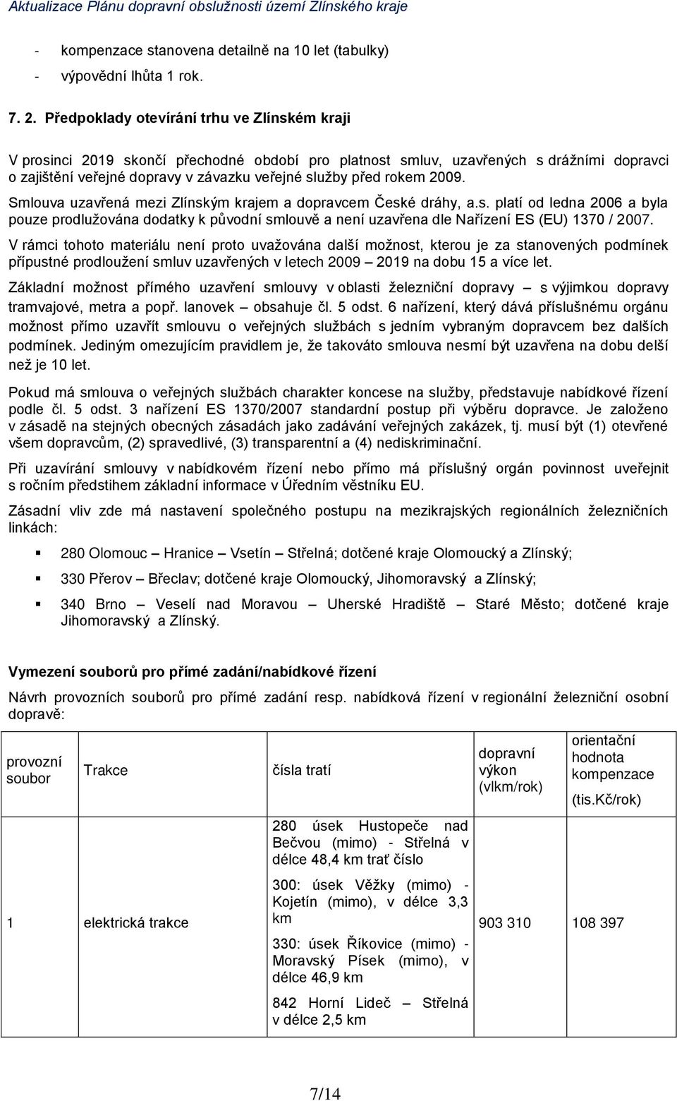 2009. Smlouva uzavřená mezi Zlínským krajem a dopravcem České dráhy, a.s. platí od ledna 2006 a byla pouze prodlužována dodatky k původní smlouvě a není uzavřena dle Nařízení ES (EU) 1370 / 2007.