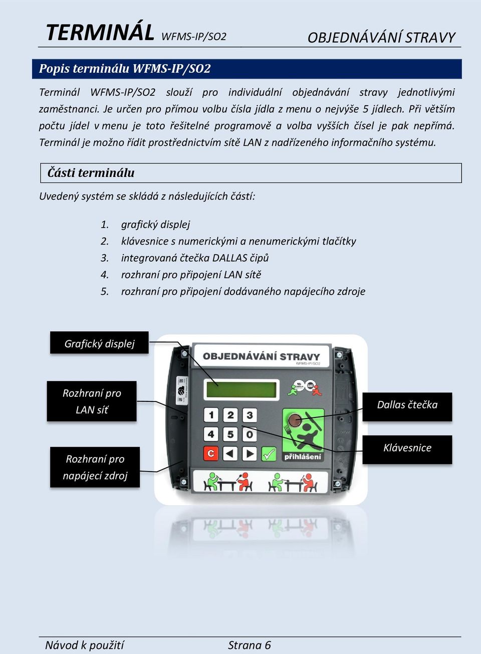 Terminál je možno řídit prostřednictvím sítě LAN z nadřízeného informačního systému. Části terminálu Uvedený systém se skládá z následujících částí: 1. grafický displej 2.