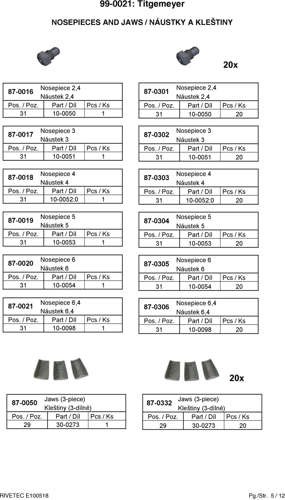 10-0050 20 87-0302 Nosepiece 3 Náustek 3 31 10-0051 20 87-0303 Nosepiece 4 Náustek 4 31 10-0052:0 20 87-0304 Nosepiece 5 Náustek 5 31 10-0053 20 87-0305 Nosepiece 6 Náustek 6 31 10-0054