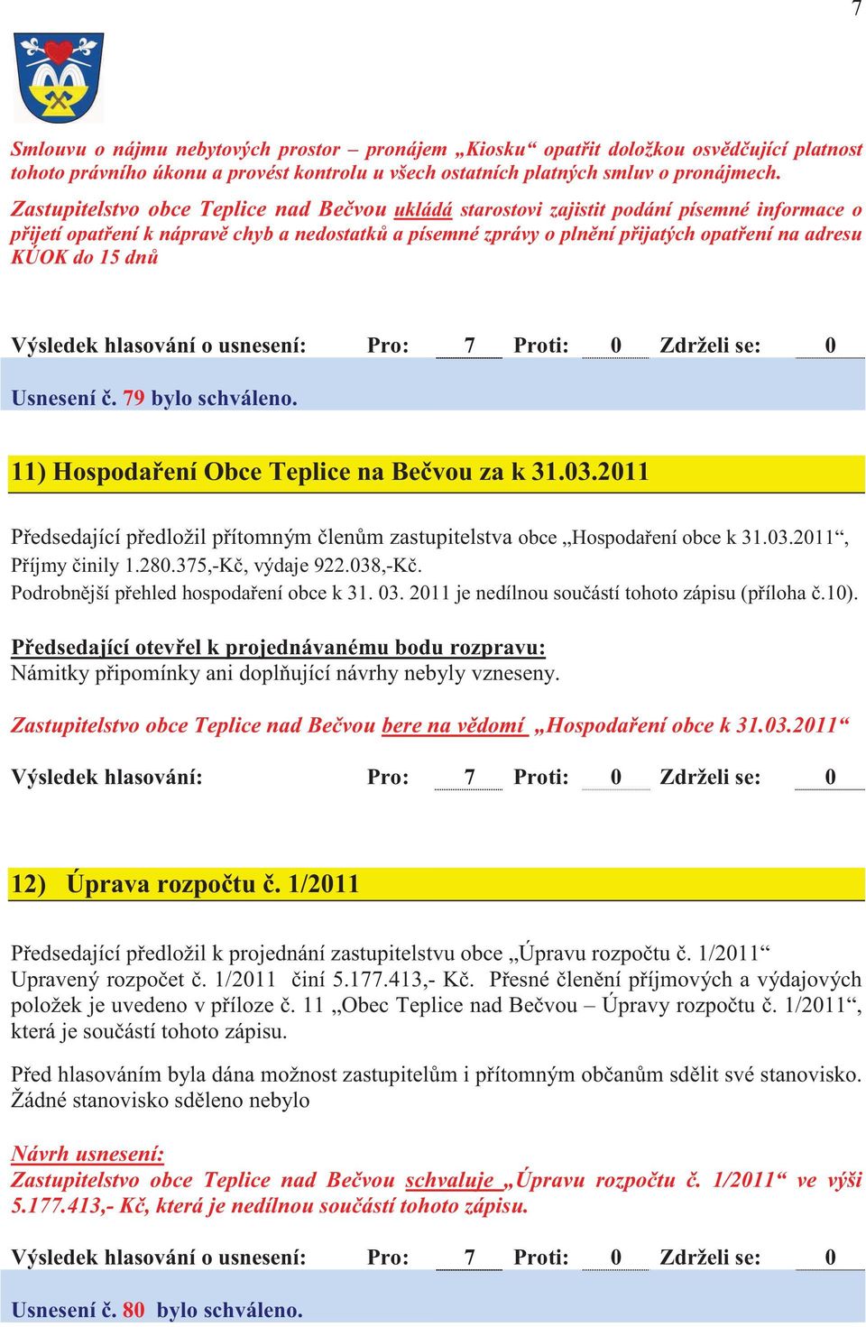 15 dn Výsledek hlasování o usnesení: Pro: 7 Proti: 0 Zdrželi se: 0 Usnesení. 79 bylo schváleno. 11) Hospoda ení Obce Teplice na Be vou za k 31.03.