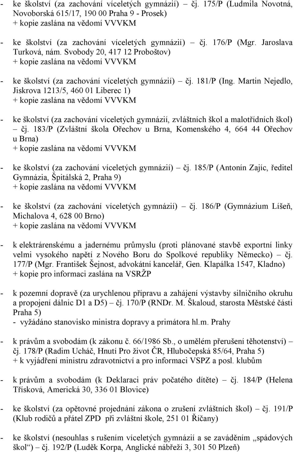 Martin Nejedlo, Jiskrova 1213/5, 460 01 Liberec 1) - ke školství (za zachování víceletých gymnázií, zvláštních škol a malotřídních škol) čj.