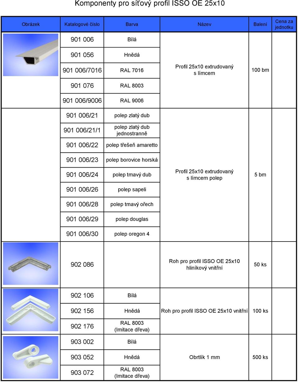 extrudovaný s límcem polep 5 bm 901 006/26 polep sapeli 901 006/28 polep tmavý ořech 901 006/29 polep douglas 901 006/30 polep oregon 4 902 086 Roh pro profil ISSO