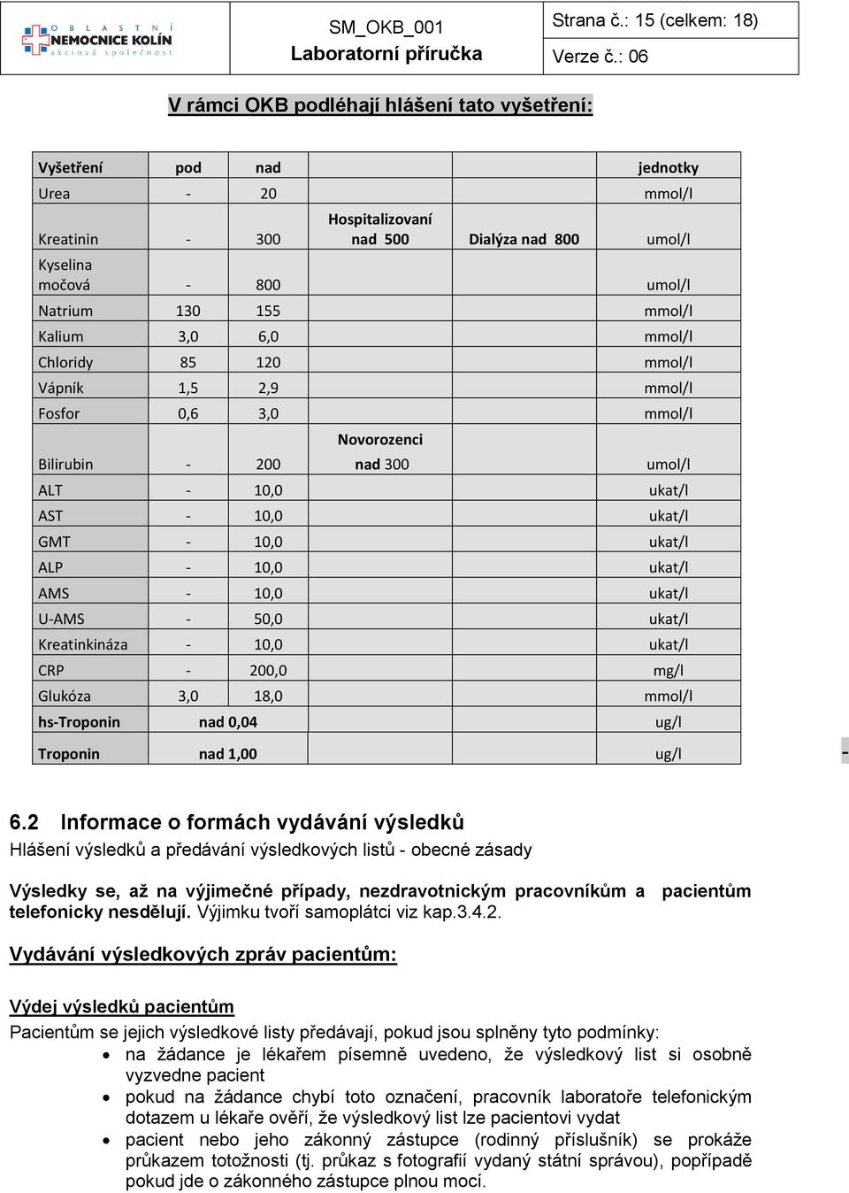 Natrium 130 155 mmol/l Kalium 3,0 6,0 mmol/l Chloridy 85 120 mmol/l Vápník 1,5 2,9 mmol/l Fosfor 0,6 3,0 mmol/l Bilirubin - 200 Novorozenci nad 300 umol/l ALT - 10,0 ukat/l AST - 10,0 ukat/l GMT -