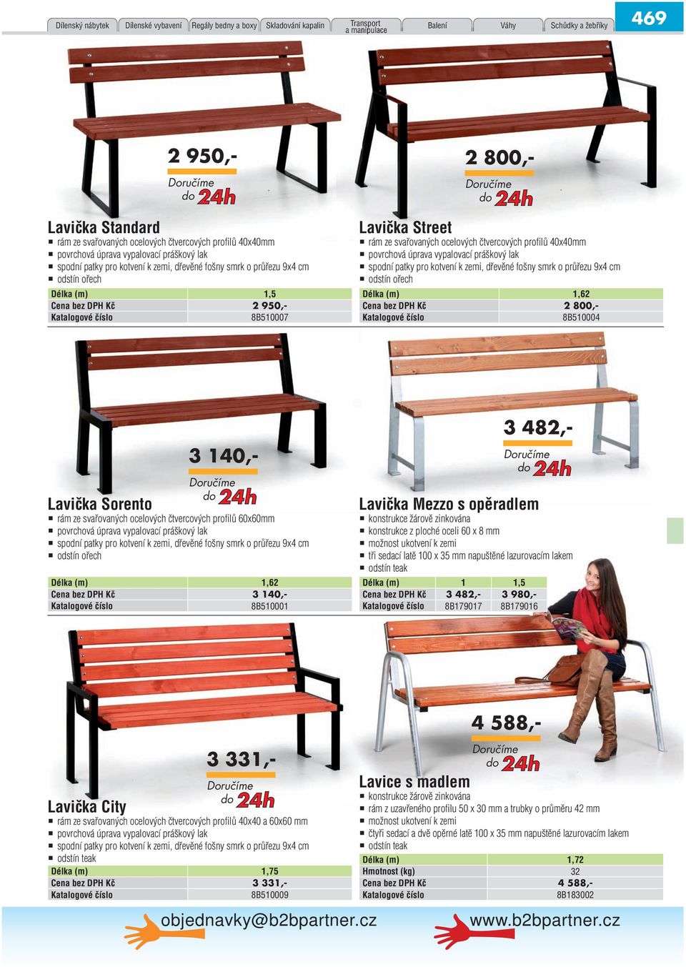 Lavička Street rám ze svařovaných ocelových čtvercových profilů 40x40mm povrchová úprava vypalovací práškový lak spodní patky pro kotvení k zemi, dřevěné fošny smrk o průřezu 9x4 cm odstín ořech