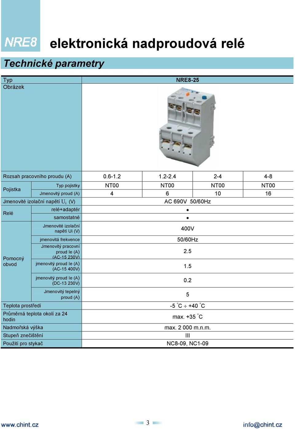 obvod Teplota prostředí relé+adaptér samostatné Jmenovité izolační napětí Ui (V) jmenovitá frekvence Jmenovitý pracovní proud Ie (A) (AC-15 230V)