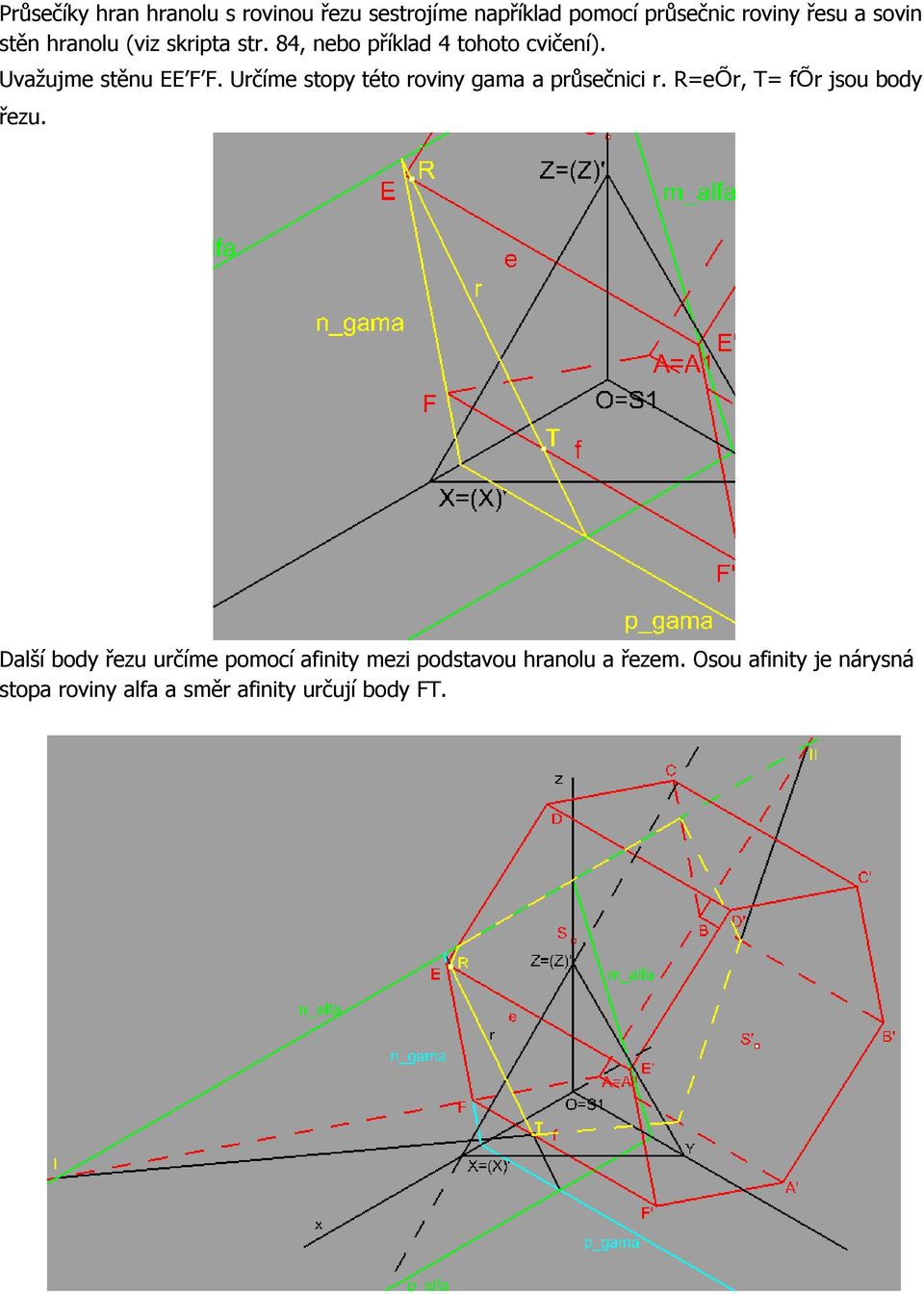 Určíme stopy této roviny gama a průsečnici r. R=eÕr, T= fõr jsou body řezu.