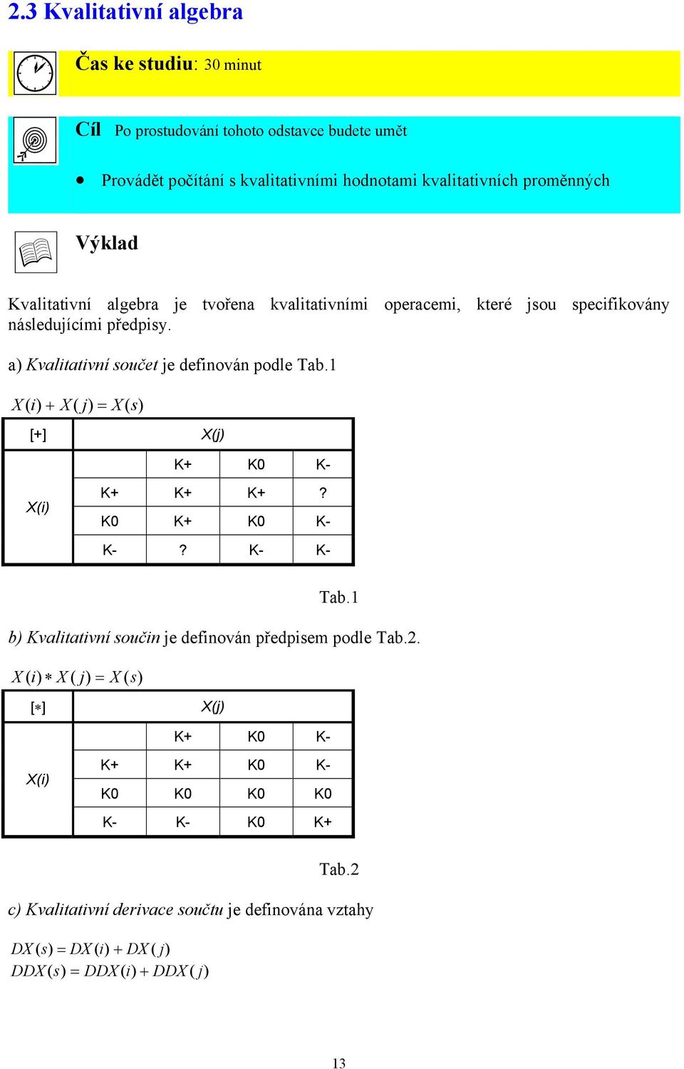 a) Kvalitativní součet je definován podle Tab.1 X ( i) X ( j) X ( s) [+] X(j) K+ K0 K- X(i) K+ K+ K+? K0 K+ K0 K- K-? K- K- Tab.