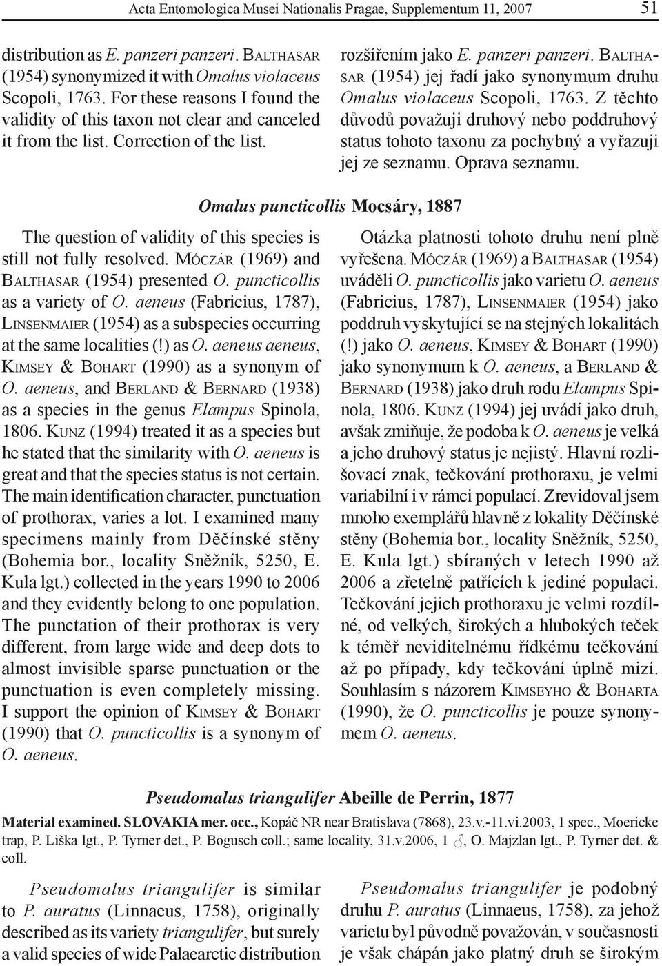 BALTHA- SAR (1954) jej řadí jako synonymum druhu Omalus violaceus Scopoli, 1763. Z těchto důvodů považuji druhový nebo poddruhový status tohoto taxonu za pochybný a vyřazuji jej ze seznamu.