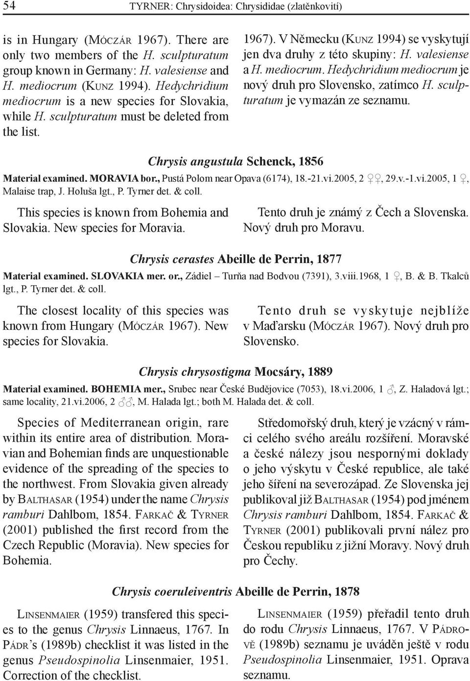 mediocrum. Hedychridium mediocrum je nový druh pro Slovensko, zatímco H. sculpturatum je vymazán ze seznamu. Chrysis angustula Schenck, 1856 Material examined. MORAVIA bor.