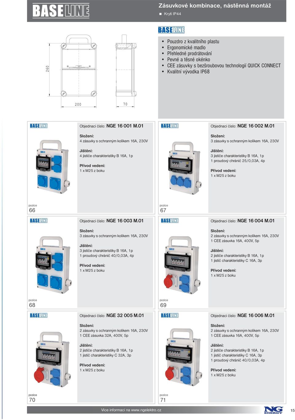 01 3 zásuvky s ochranným kolíkem 16A, 230V 3 jističe charakteristiky B 16A, 1p 1 proudový chránič 25/0,03A, 4p 66 Objednací číslo: NGE 16 003 M.