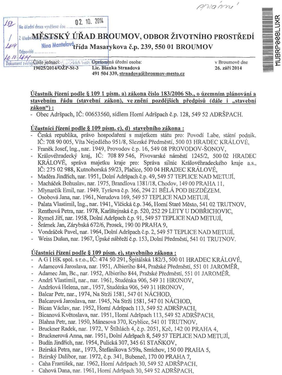 pjráwriná úřední osoba: T9025720M7OŽFSt3' Lie. Blanka Strnadova 491 504 339, strnadova(%brou m ov- m esto.cz v Broumově dne 26. září 2014 X D -J CD <S> <S> O- CC DQ Účastník řízení podle 109 1 písm.