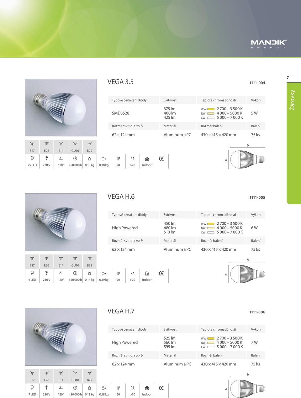 230 V 120 >50 000 h 0,13 kg 0,18 kg 20 >70 Indoor VEGA H.