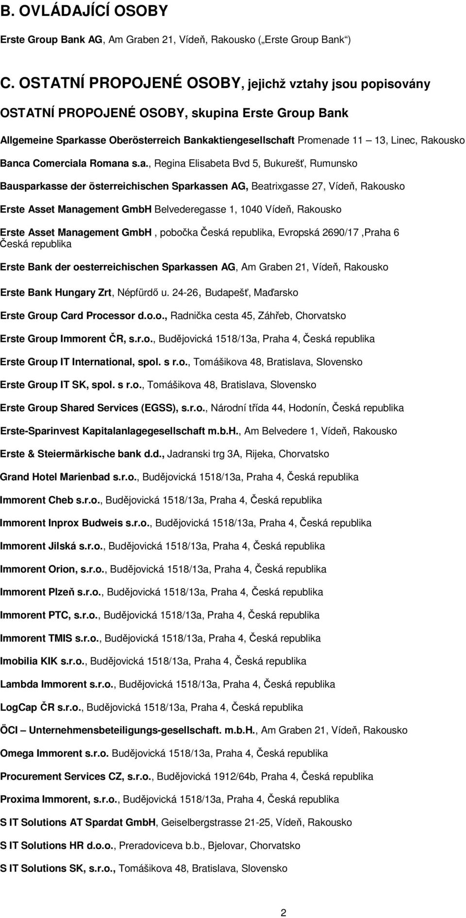 Banca Comerciala Romana s.a., Regina Elisabeta Bvd 5, Bukurešť, Rumunsko Bausparkasse der österreichischen Sparkassen AG, Beatrixgasse 27, Vídeň, Rakousko Management GmbH Belvederegasse 1, 1040