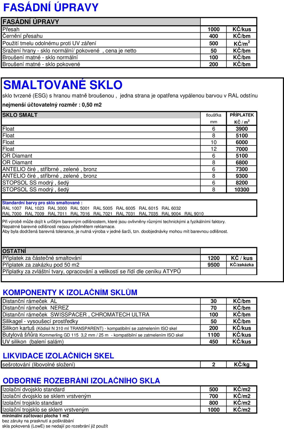 účtovatelný rozměr : 0,50 m2 SKLO SMALT tloušťka PŘÍPLATEK mm KČ / m 2 Float 6 3900 Float 8 5100 Float 10 6000 Float 12 7000 OR Diamant 6 5100 OR Diamant 8 6800 ANTELIO čiré, stříbrné, zelené, bronz