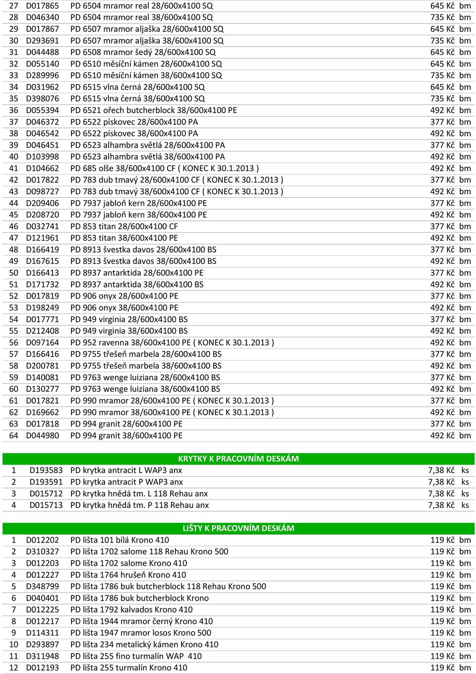 Kč bm 34 D031962 PD 6515 vlna černá 28/600x4100 SQ 645 Kč bm 35 D398076 PD 6515 vlna černá 38/600x4100 SQ 735 Kč bm 36 D055394 PD 6521 ořech butcherblock 38/600x4100 PE 492 Kč bm 37 D046372 PD 6522