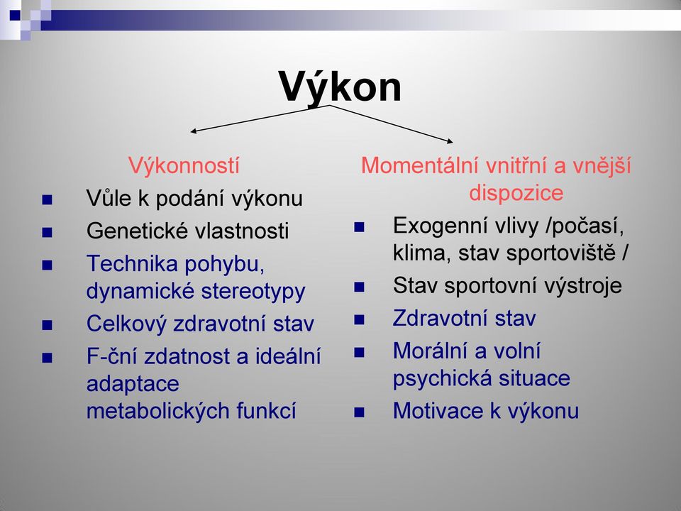 Momentální vnitřní a vnější dispozice Exogenní vlivy /počasí, klima, stav sportoviště /