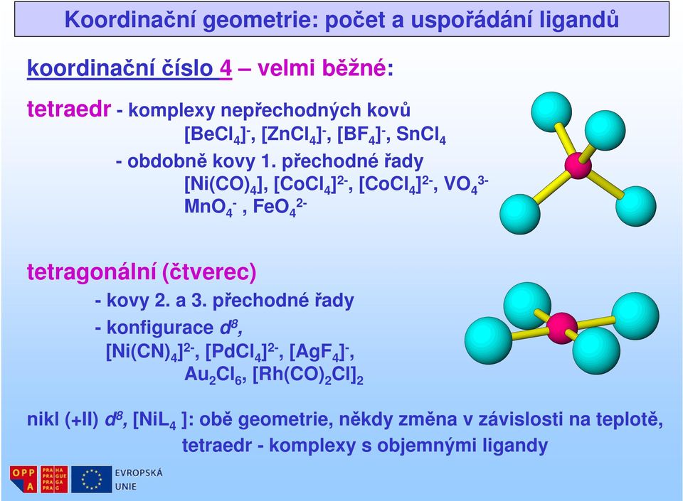 přechodné řady [Ni(CO) 4 ], [CoCl 4 ] 2-, [CoCl 4 ] 2-, VO 4 3- MnO 4-, FeO 4 2- tetragonální (čtverec) - kovy 2. a 3.