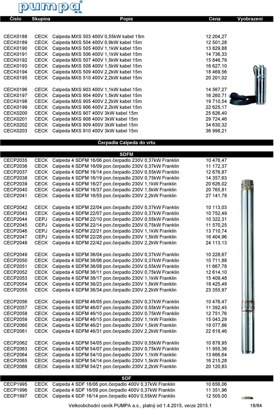 400V 2,2kW kabel 15m 18 469,56 CECK0195 CECK Calpeda MXS 510 400V 2,2kW kabel 15m 20 201,02 CECK0196 CECK Calpeda MXS 903 400V 1,1kW kabel 15m 14 567,27 CECK0197 CECK Calpeda MXS 904 400V 1,5kW kabel