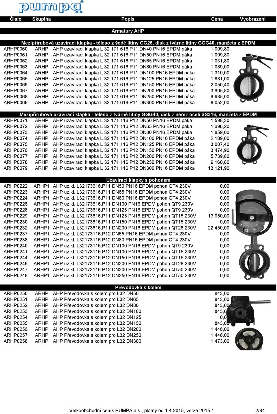 P11 DN65 PN16 EPDM páka 1 031,80 ARHP0063 ARHP AHP uzavírací klapka L 32 171 616.P11 DN80 PN16 EPDM páka 1 089,00 ARHP0064 ARHP AHP uzavírací klapka L 32 171 616.