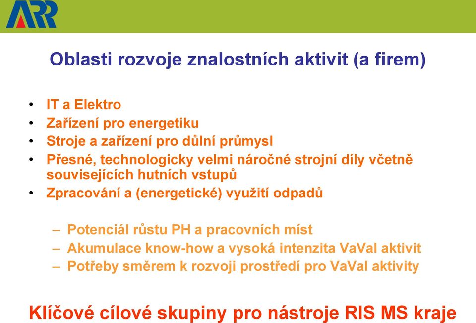 a (energetické) vyuţití odpadů Potenciál růstu PH a pracovních míst Akumulace know-how a vysoká intenzita