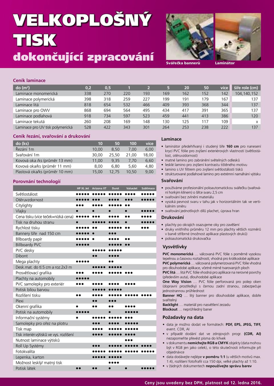 441 413 386 120 Laminace tekutá 260 208 169 148 130 125 117 109 x Laminace pro UV tisk polymerická 528 422 343 301 264 253 238 222 137 Ceník řezání, svařování a drukování do (ks) 10 50 100 více