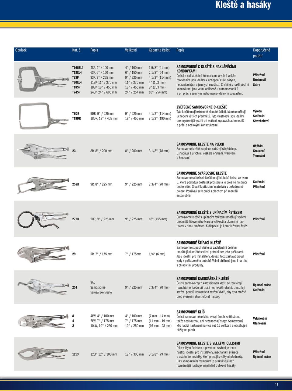 605 mm 4" / 100 mm 6" / 150 mm 9" / 225 mm 11" / 275 mm 18" / 455 mm 24" / 254 mm 1 5/8" (41 mm) 2 1/8" (54 mm) 4 1/2" (114 mm) 4" (102 mm) 8" (203 mm) 10" (254 mm) SAMOSVORNÉ C-KLEŠTĚ S NAKLÁPĚCÍMI