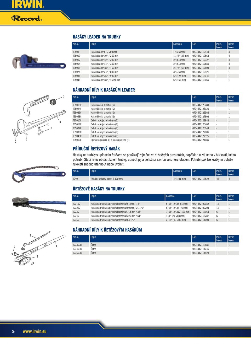 Leader 14" / 350 mm 2" (51 mm) 0734442112686-4 T35018 Hasák Leader 18" / 450 mm 2 1/2" (63 mm) 0734442112808-4 T35024 Hasák Leader 24" / 600 mm 3" (76 mm) 0734442112921-1 T35036 Hasák Leader 36" /