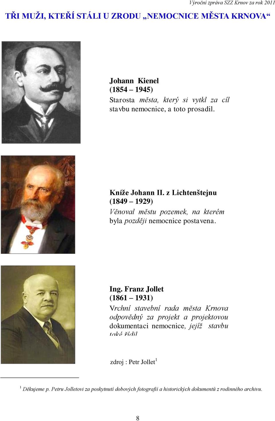 Franz Jollet (1861 1931) Vrchní stavební rada města Krnova odpovědný za projekt a projektovou dokumentaci nemocnice, jejíž stavbu také