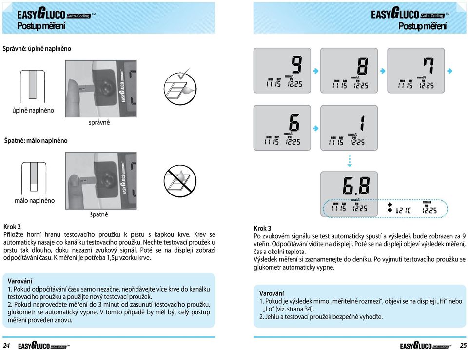 K měření je potřeba 1,5µ vzorku krve. Varování 1. Pokud odpočítávání času samo nezačne, nepřidávejte více krve do kanálku testovacího proužku a použijte nový testovací proužek. 2.