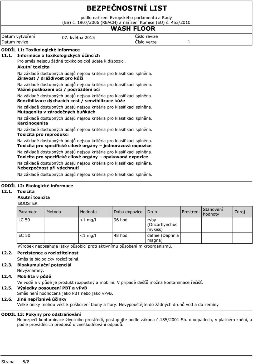 reprodukci Toxicita pro specifické cílové orgány jednorázová expozice Toxicita pro specifické cílové orgány opakovaná expozice Nebezpečnost při vdechnutí ODDÍL 2: Ekologické informace 2.. Toxicita 2.