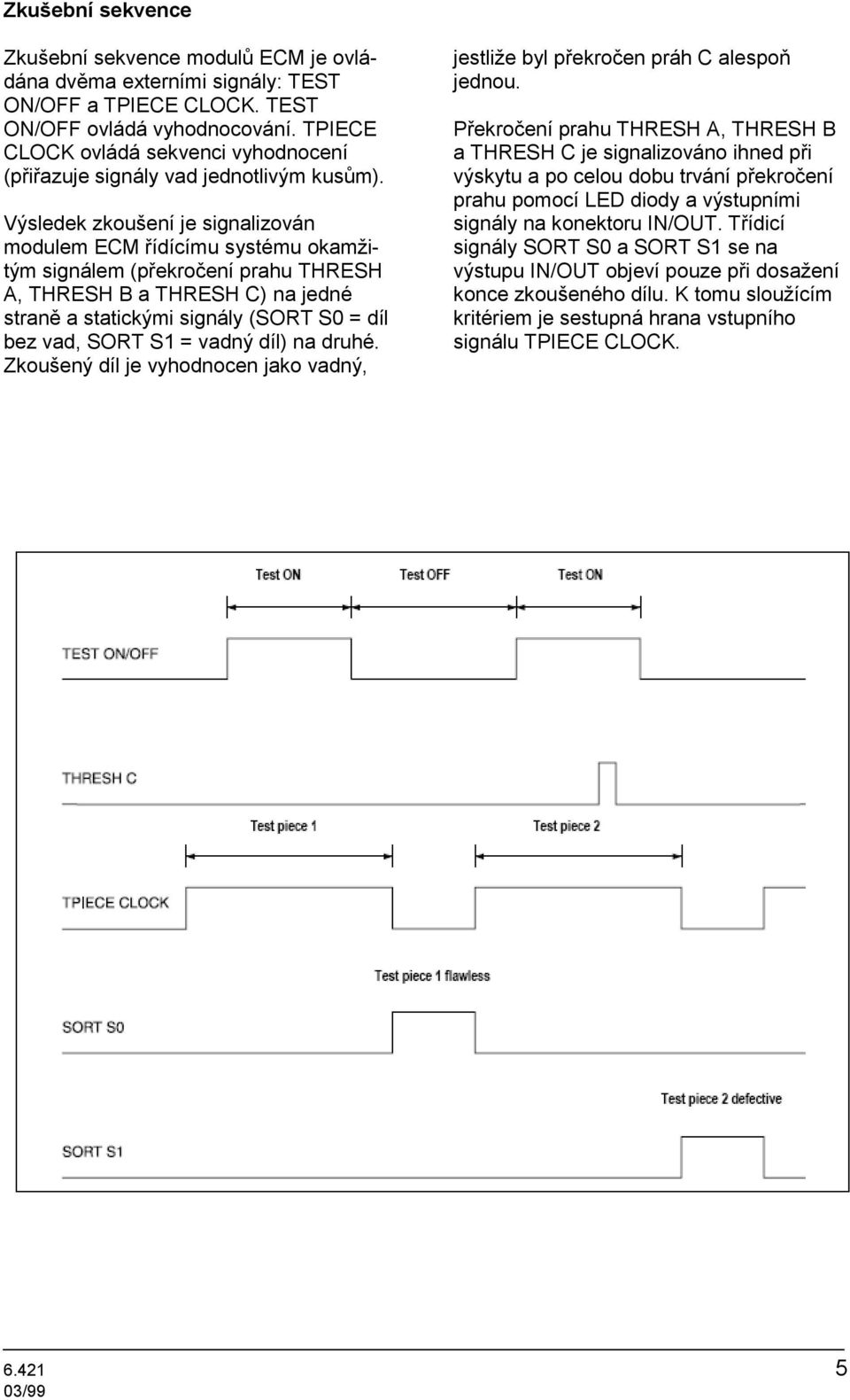 Výsledek zkoušení je signalizován modulem ECM řídícímu systému okamžitým signálem (překročení prahu THRESH A, THRESH B a THRESH C) na jedné straně a statickými signály (SORT S0 = díl bez vad, SORT S1