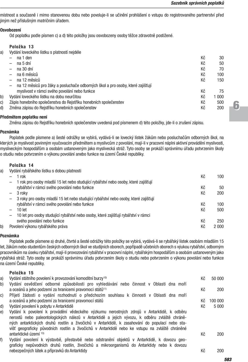 Položka 13 a) Vydání loveckého lístku s platností nejdéle na 1 den Kč 30 na 5 dní Kč 50 na 30 dní Kč 70 na měsíců Kč 100 na 12 měsíců Kč 150 na 12 měsíců pro žáky a posluchače odborných škol a pro