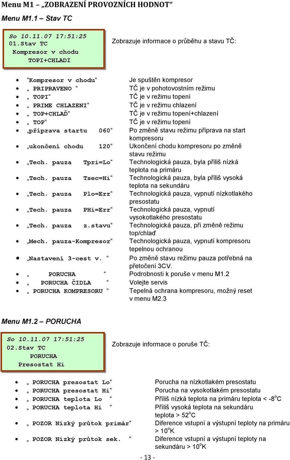 CHLAZENI TČ je v režimu chlazení TOP+CHLAĎ TČ je v režimu topení+chlazení TOP TČ je v režimu topení příprava startu 060 Po změně stavu režimu příprava na start kompresoru ukončení chodu 120 Ukončení