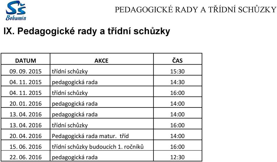 2016 pedagogická rada 14:00 13. 04. 2016 pedagogická rada 14:00 13. 04. 2016 třídní schůzky 16:00 20. 04. 2016 Pedagogická rada matur.