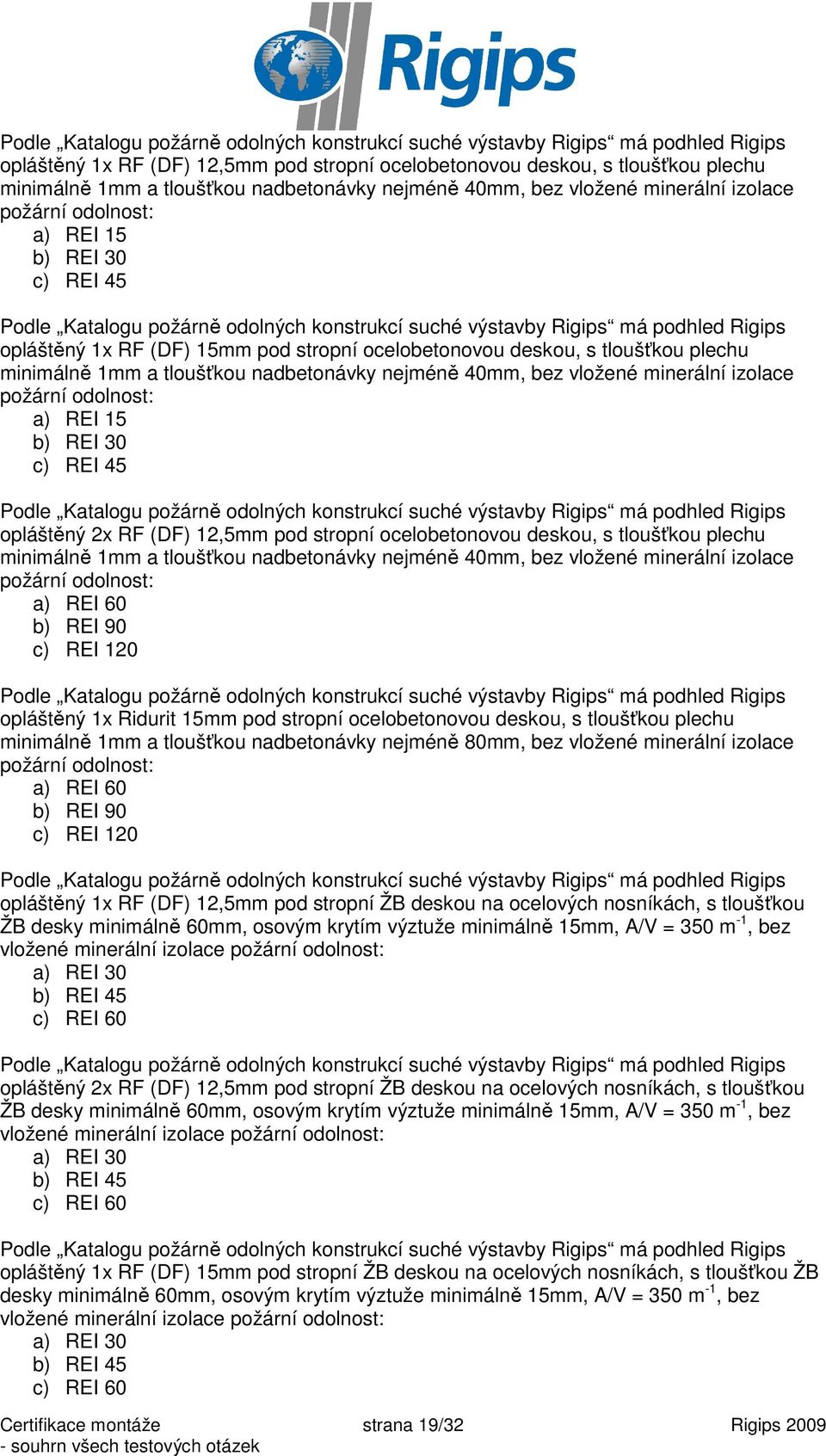 REI 15 b) REI 30 c) REI 45 opláštěný 2x RF (DF) 12,5mm pod stropní ocelobetonovou deskou, s tloušťkou plechu minimálně 1mm a tloušťkou nadbetonávky nejméně 40mm, bez vložené minerální izolace požární